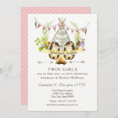 ツインベビーシャワー森林地動物ティーピーヘッジホッグ 招待状 (正面/裏面)