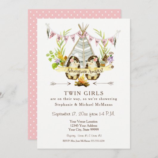 ツインベビーシャワー森林地動物ティーピーヘッジホッグ 招待状 (正面/裏面)