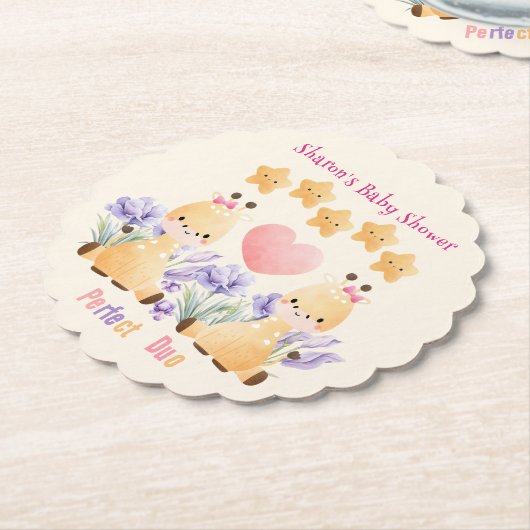 ツインベビーシャワー |かわいいキリン赤ちゃんシャワー ペーパーコースター (アングル)