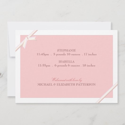 ツインベビーフォトコラージュベビー発表 | ピンク 案内状 (裏面)