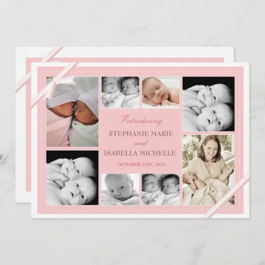 ツインベビーフォトコラージュベビー発表 | ピンク 案内状 (正面/裏面)