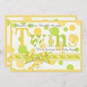 ツインベビーレモンライムドット赤ちゃんシャワー 招待状 (正面/裏面)