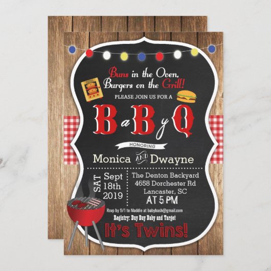 ツインベビーQベビーQカップルシャワーBBQ招待状 招待状 (正面/裏面)