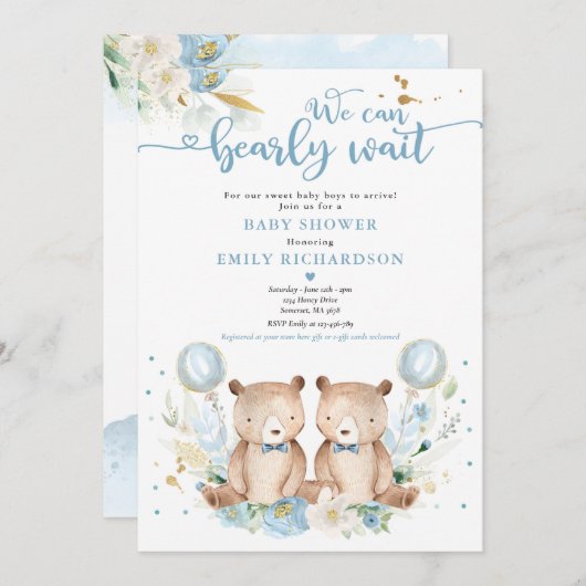 ツインボーイのテディベア我々は心から待つことができる 招待状 (正面/裏面)