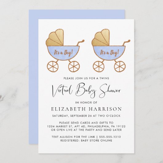 ツインボーイの水彩バーチャルベビーシャワー 招待状 (正面/裏面)