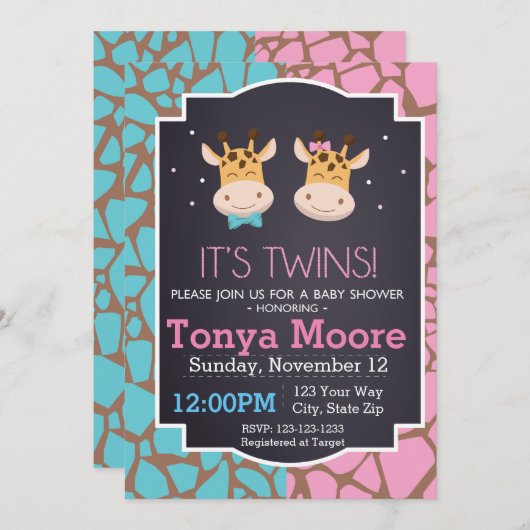 ツインボーイアンドガールキリンベビーシャワー招待状 招待状 (正面/裏面)