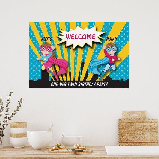 ツインボーイガールスーパーヒーロー誕生日ポスター ポスター (キッチン)