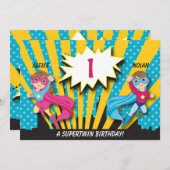 ツインボーイガールスーパーヒーロー誕生日招待状 招待状 (正面/裏面)