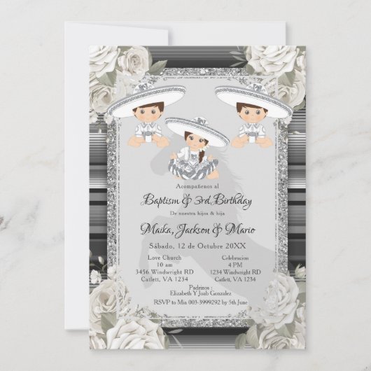 ツインボーイガールブラウン&ホワイトバプテスマ&誕生日 招待状 (正面)