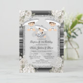 ツインボーイガールブラウン&ホワイトバプテスマ&誕生日 招待状 (スタンド正面)