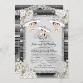 ツインボーイガールブラウン&ホワイトバプテスマ&誕生日 招待状 (正面/裏面)