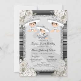 ツインボーイガールブラウン&ホワイトバプテスマ&誕生日 招待状