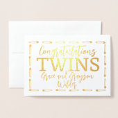 ツインボーイガールベビーおめでとう新父母 箔カード (封筒付き正面)