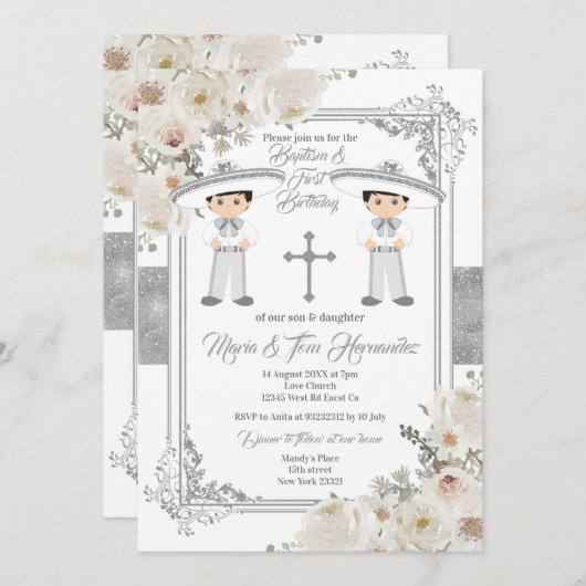 ツインボーイシルバーメキシコバプテスマ誕生日フローラ 招待状 (正面/裏面)
