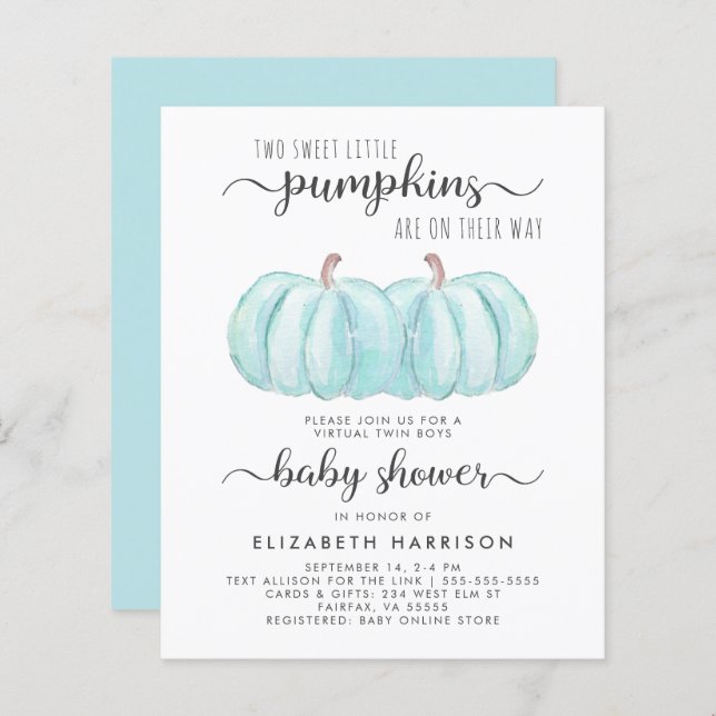 ツインボーイズかぼちゃバーチャルベビーシャワー招待状 (正面/裏面)