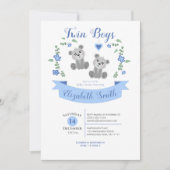 ツインボーイズかわいいクマのベビーシャワー 招待状 (正面)