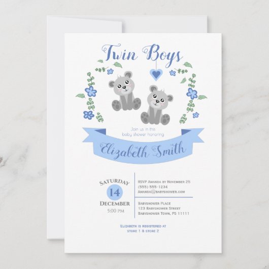ツインボーイズかわいいクマのベビーシャワー 招待状 (正面)