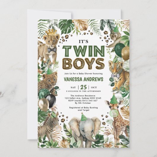 ツインボーイズのジャングルサファリワイルドアニマルベビーシャワー 招待状 (正面)