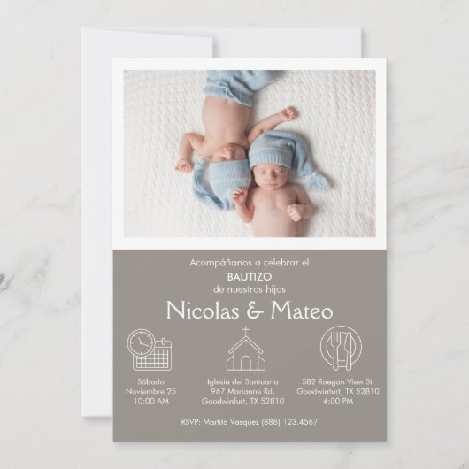 ツインボーイズのバプテスマのためのインビタシオンボーカスタマイズチソー 招待状 (正面)