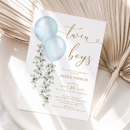ツインボーイズほこりっぽいブルーバルーングリーンベイビーシャワー 招待状