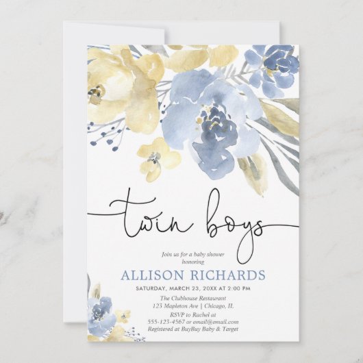 ツインボーイズほこりっぽい青い黄色のフローラ赤ちゃんシャワー 招待状 (正面)