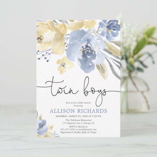 ツインボーイズほこりっぽい青い黄色のフローラ赤ちゃんシャワー 招待状 (スタンド正面)