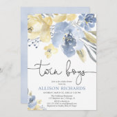ツインボーイズほこりっぽい青い黄色のフローラ赤ちゃんシャワー 招待状 (正面/裏面)