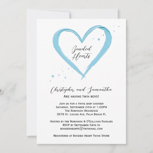 ツインボーイズエレガントブルーモダンハート赤ちゃんシャワー 招待状 (正面)