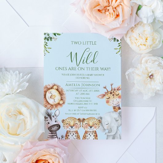ツインボーイズサファリ2つの小さなワイルドワンベビーシャワー 招待状