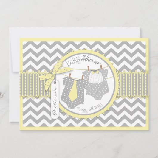 ツインボーイズタイボウタイシェブロンプリントベビーシャワー 招待状 (正面)