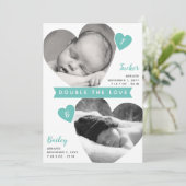 ツインボーイズハートフレームティール（緑がかった色）フォトコラージュ誕生 案内状 (スタンド正面)