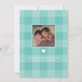 ツインボーイズハートフレームティール（緑がかった色）フォトコラージュ誕生 案内状 (裏面)