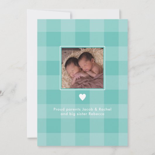 ツインボーイズハートフレームティール(緑がかった色)フォトコラージュ誕生 案内状 (裏面)