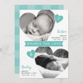 ツインボーイズハートフレームティール（緑がかった色）フォトコラージュ誕生 案内状 (正面/裏面)
