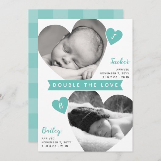 ツインボーイズハートフレームティール（緑がかった色）フォトコラージュ誕生 案内状 (正面/裏面)