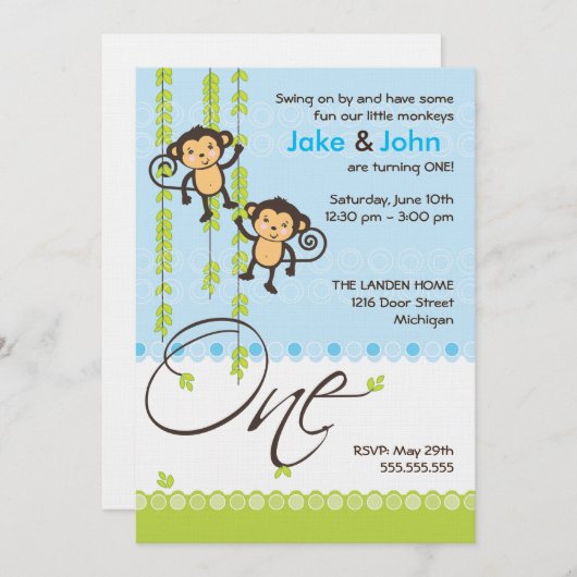 ツインボーイズファースト誕生日招待状 招待状 (正面/裏面)