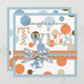 ツインボーイズブルーオレンジブラウンドットベビーシャワー 招待状 (正面/裏面)