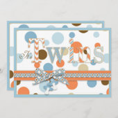 ツインボーイズブルーオレンジブラウンドットベビーシャワー 招待状 (正面/裏面)