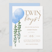 ツインボーイズブルーバルーン男の赤ちゃんシャワー招待状 招待状 (正面/裏面)