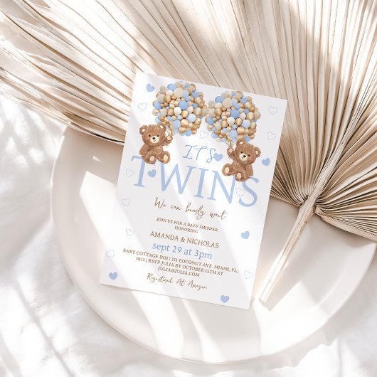 ツインボーイズブルーベアーバルーンベビーシャワー 招待状