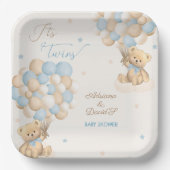 ツインボーイズブルーベアーバルーン赤ちゃんシャワー ペーパープレート (正面)