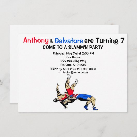 ツインボーイズレスリング誕生日招待状 招待状 (正面/裏面)