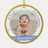 ツインボーイズ写真祖母かわいい初めてのクリスマスベビー セラミックオーナメント (正面)