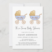 ツインボーイズ水彩車用ベビーシャワー 招待状 (正面)