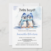 ツインボーイズ水彩青い冬のベビーシャワー 招待状 (正面)