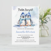 ツインボーイズ水彩青い冬のベビーシャワー 招待状 (スタンド正面)