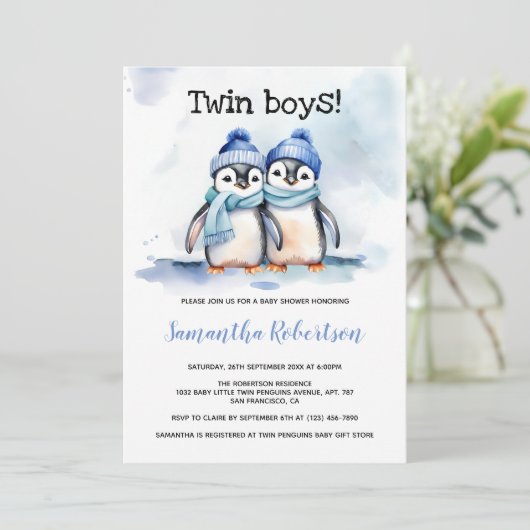 ツインボーイズ水彩青い冬のベビーシャワー 招待状 (スタンド正面)