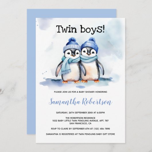 ツインボーイズ水彩青い冬のベビーシャワー 招待状 (正面/裏面)