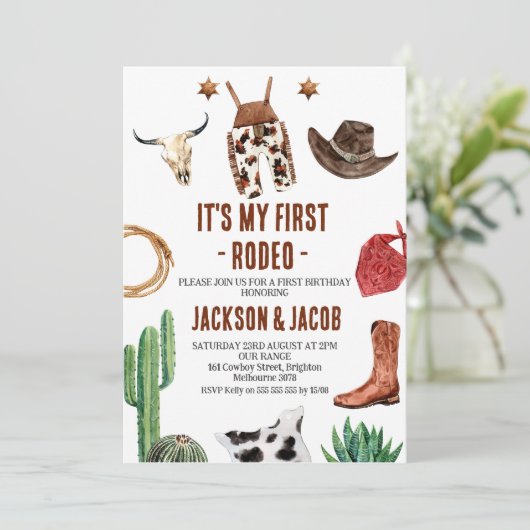 ツインボーイズ私の最初のロデオカウボーイ1st誕生日 招待状 (スタンド正面)