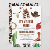 ツインボーイズ私の最初のロデオカウボーイ1st誕生日 招待状 (正面/裏面)